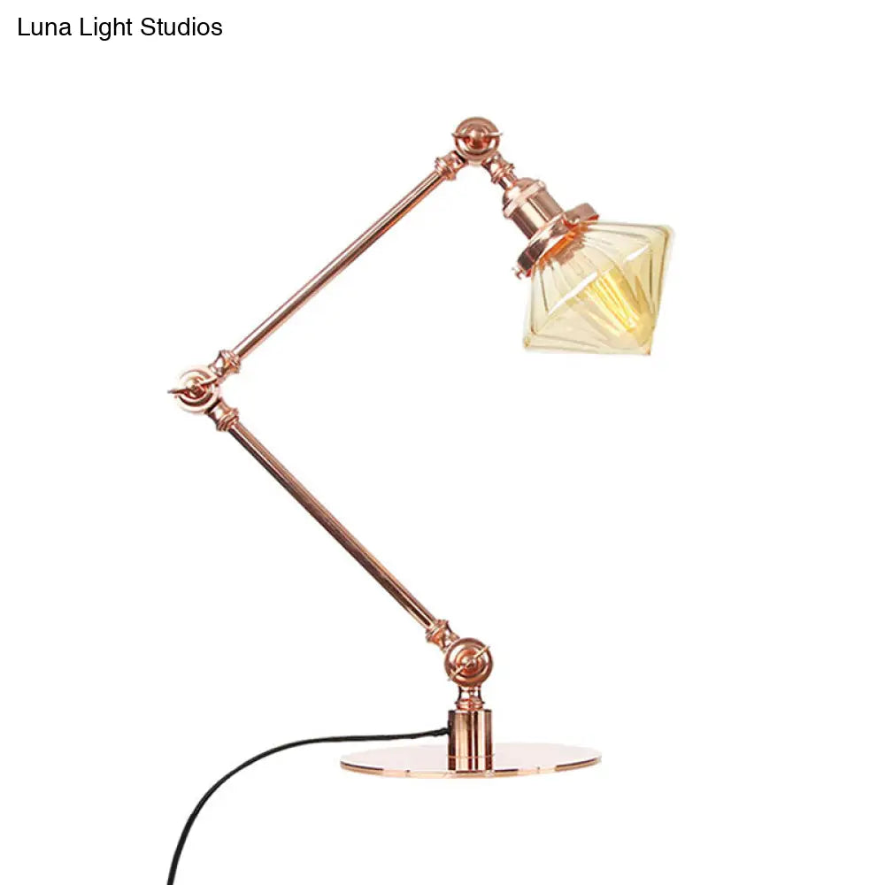 Vintage Diamond Shade Table Lamp: Amber/Clear Glass, Adjustable Arm - Black/Brass