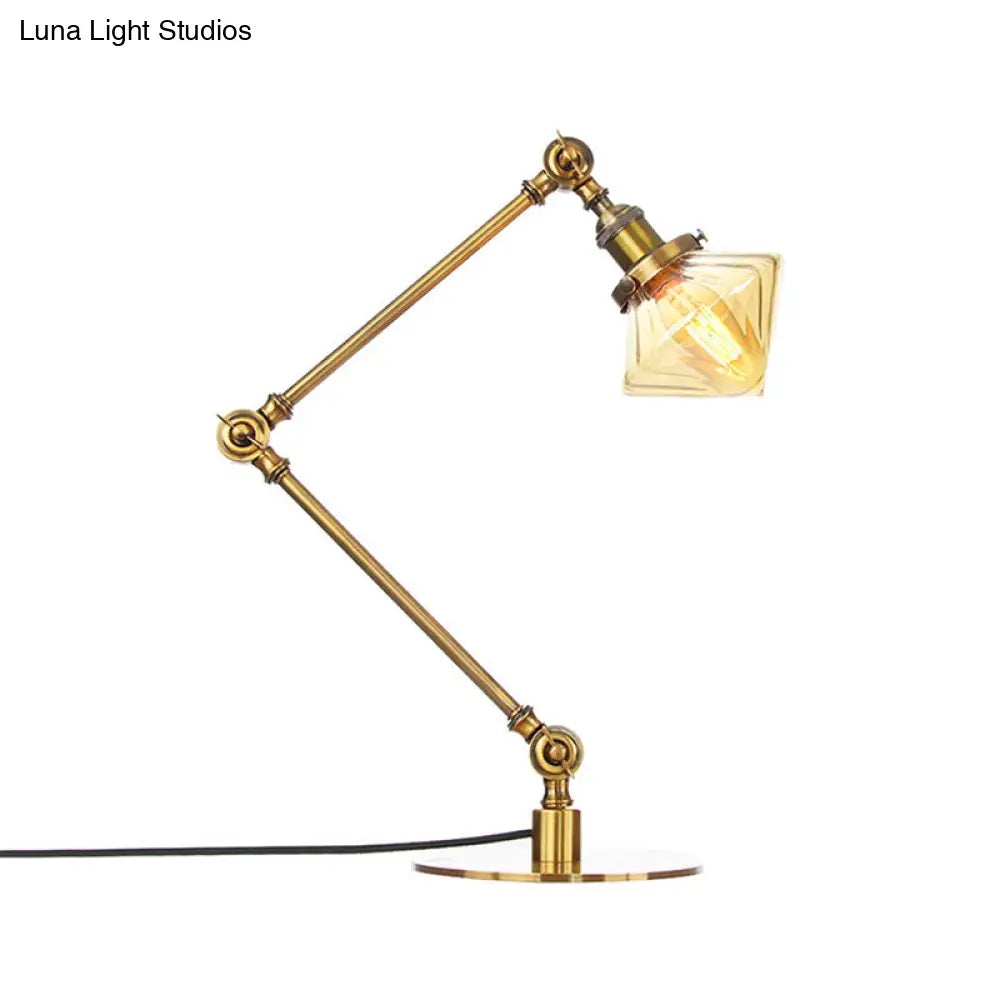 Vintage Diamond Shade Table Lamp: Amber/Clear Glass, Adjustable Arm - Black/Brass