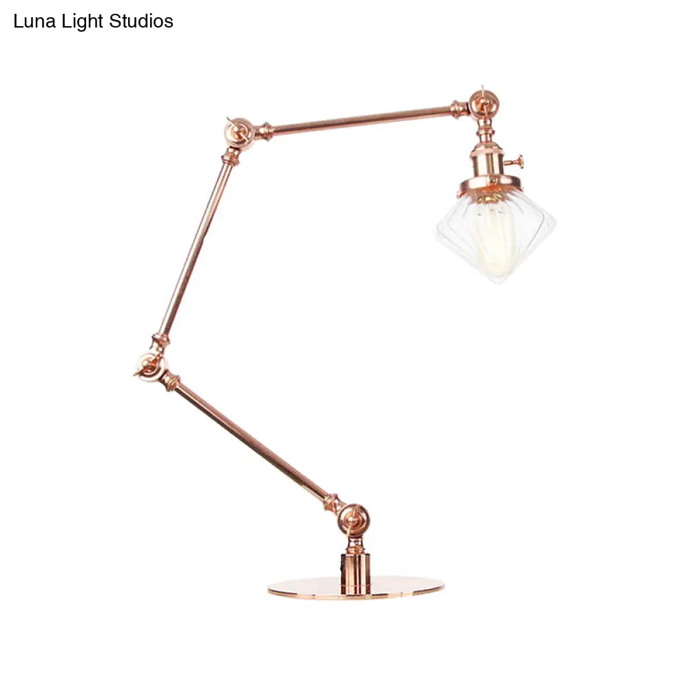 Vintage Diamond Shade Table Lamp: Amber/Clear Glass, Adjustable Arm - Black/Brass