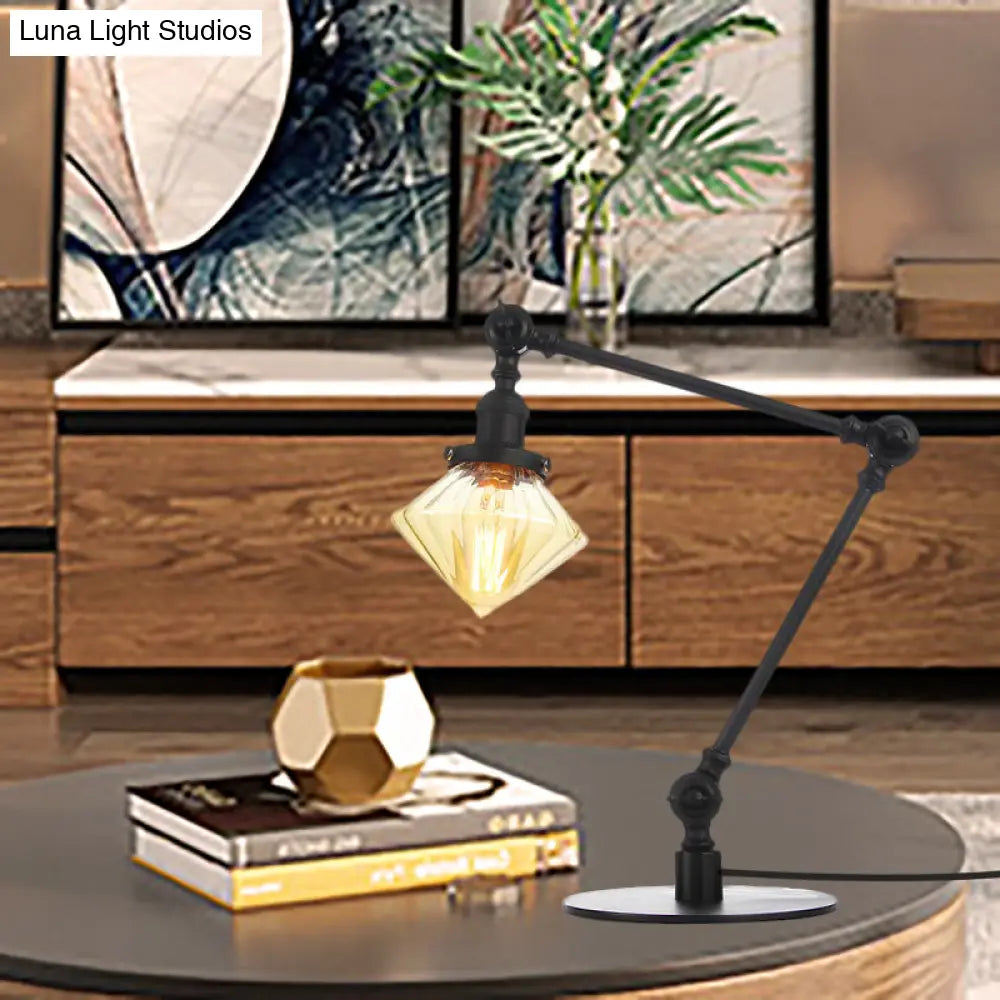 Vintage Diamond Shade Table Lamp: Amber/Clear Glass, Adjustable Arm - Black/Brass