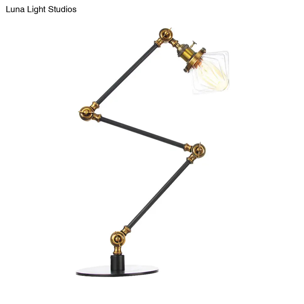 Vintage Diamond Shade Table Lamp: Amber/Clear Glass, Adjustable Arm - Black/Brass