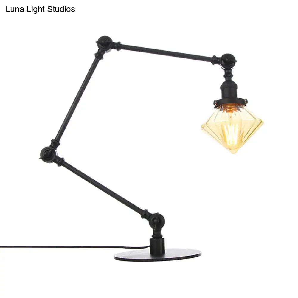 Vintage Diamond Shade Table Lamp: Amber/Clear Glass, Adjustable Arm - Black/Brass