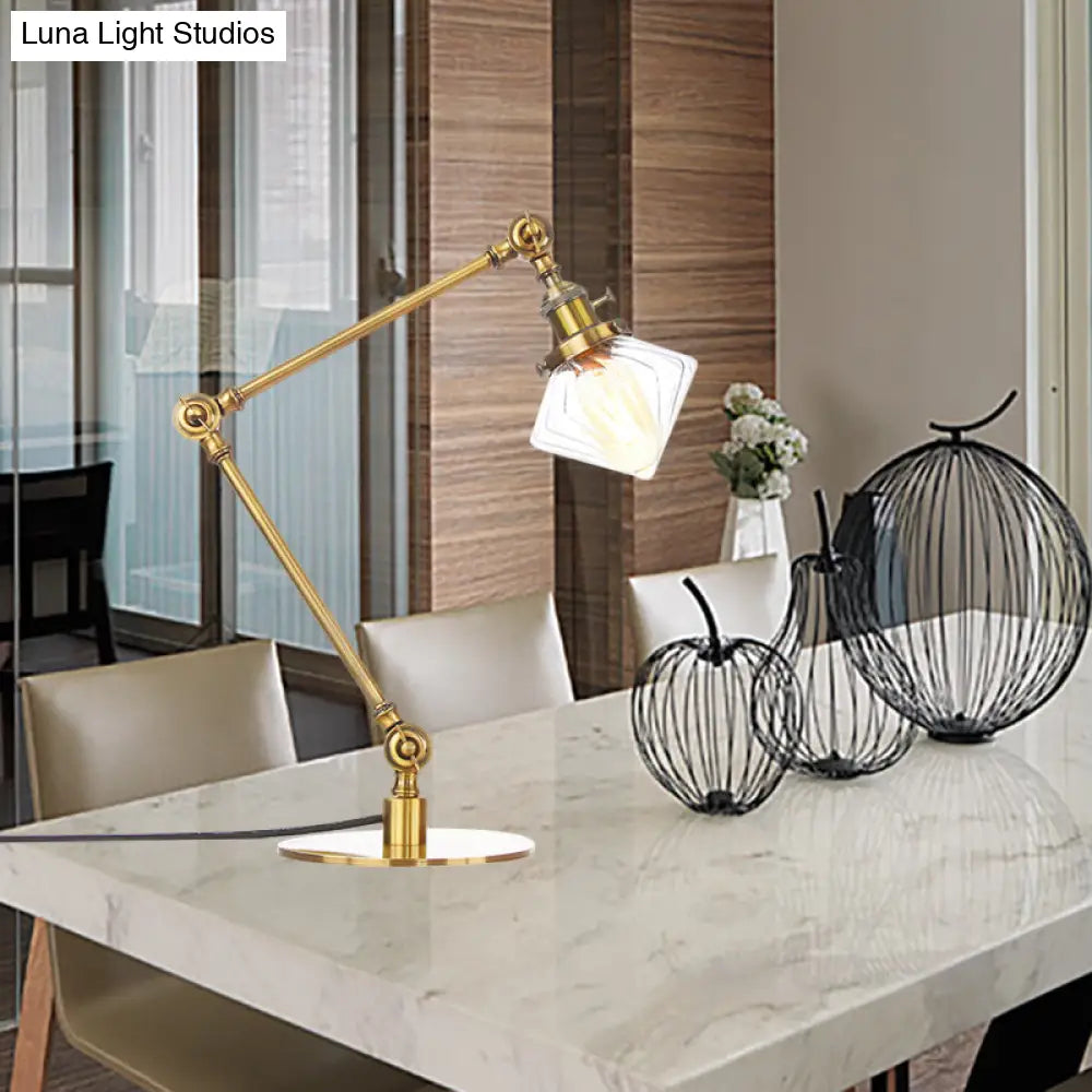 Vintage Diamond Shade Table Lamp: Amber/Clear Glass, Adjustable Arm - Black/Brass