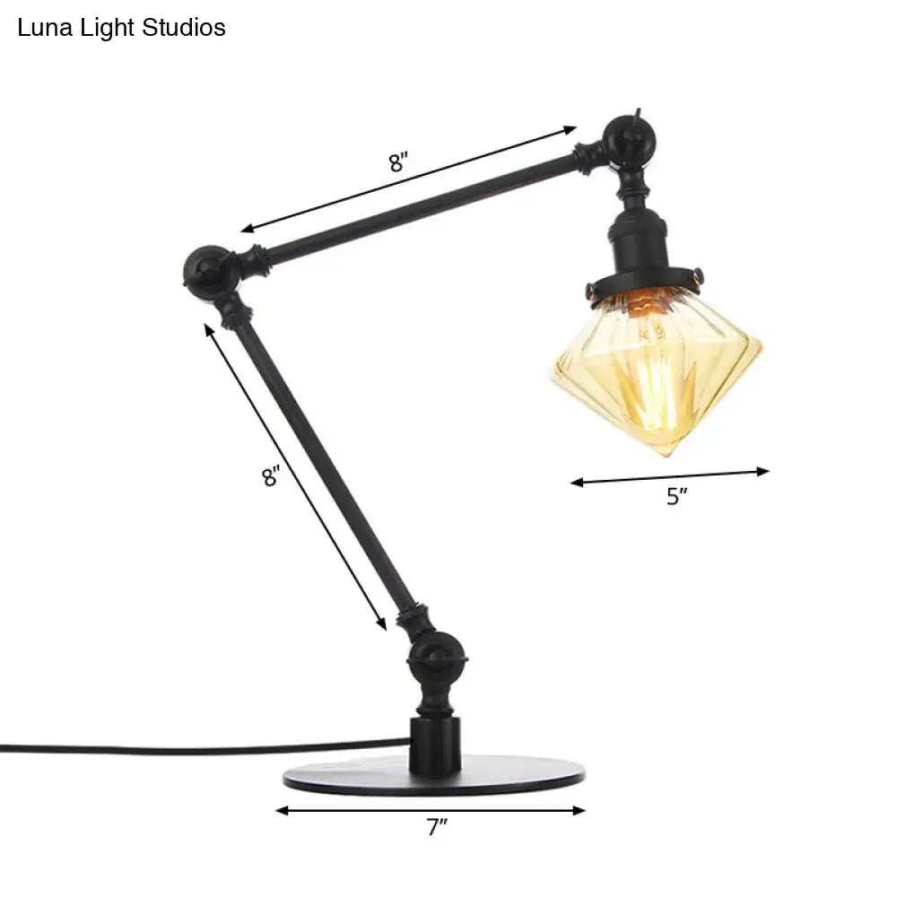 Vintage Diamond Shade Table Lamp: Amber/Clear Glass, Adjustable Arm - Black/Brass