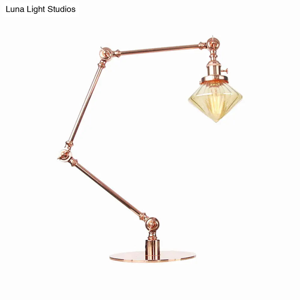 Vintage Diamond Shade Table Lamp: Amber/Clear Glass, Adjustable Arm - Black/Brass