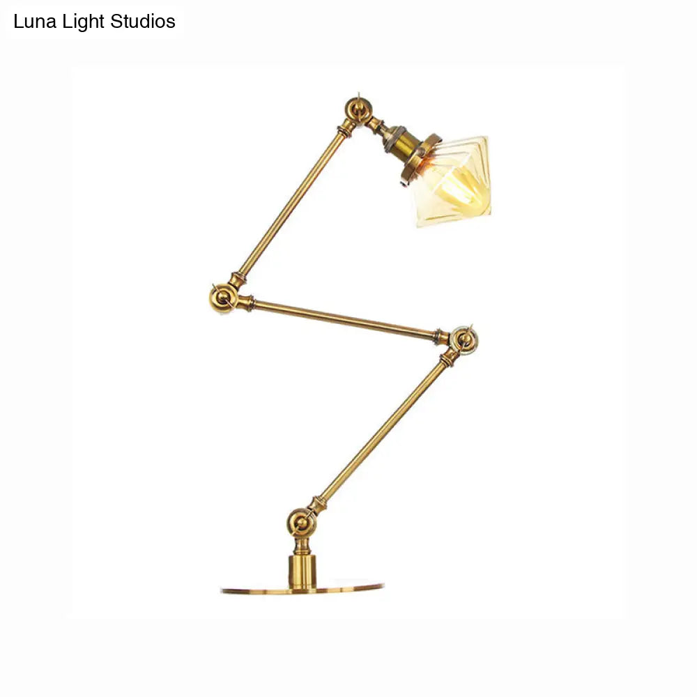 Vintage Diamond Shade Table Lamp: Amber/Clear Glass, Adjustable Arm - Black/Brass