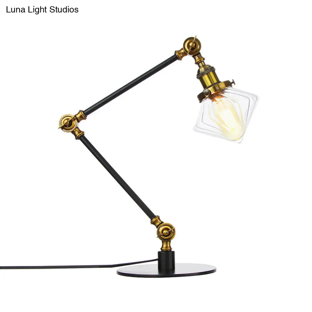 Vintage Diamond Shade Table Lamp: Amber/Clear Glass, Adjustable Arm - Black/Brass