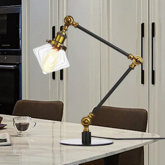Vintage Diamond Shade Table Lamp: Amber/Clear Glass, Adjustable Arm - Black/Brass