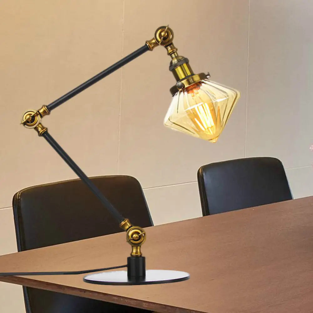 Vintage Diamond Shade Table Lamp: Amber/Clear Glass, Adjustable Arm - Black/Brass