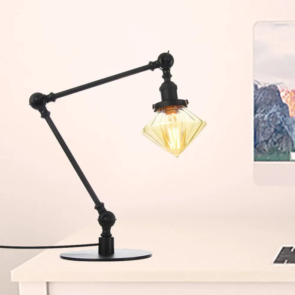Vintage Diamond Shade Table Lamp: Amber/Clear Glass, Adjustable Arm - Black/Brass