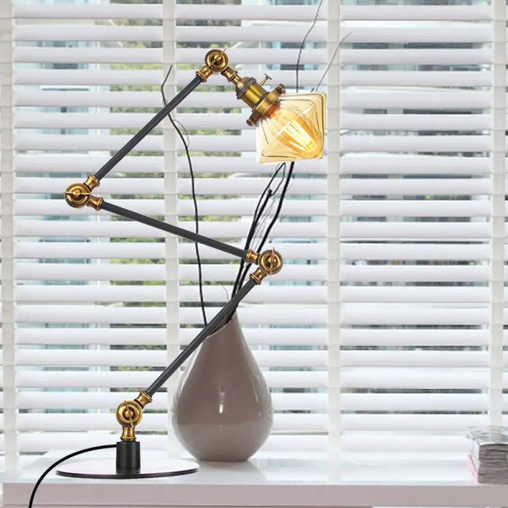 Vintage Diamond Shade Table Lamp: Amber/Clear Glass, Adjustable Arm - Black/Brass
