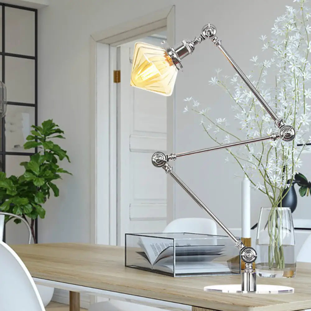 Vintage Diamond Shade Table Lamp: Amber/Clear Glass, Adjustable Arm - Black/Brass