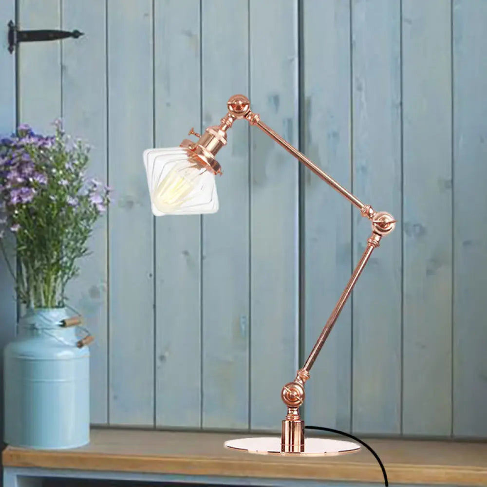 Vintage Diamond Shade Table Lamp: Amber/Clear Glass, Adjustable Arm - Black/Brass
