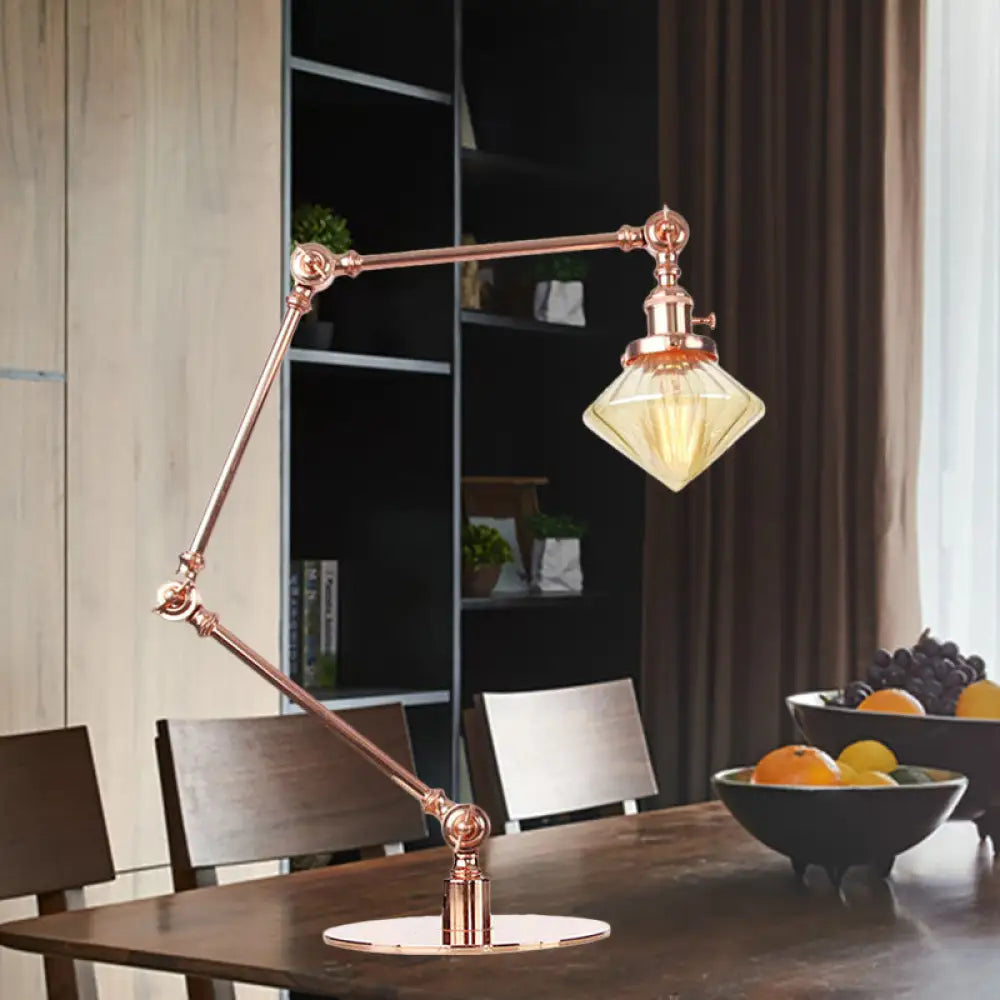 Vintage Diamond Shade Table Lamp: Amber/Clear Glass, Adjustable Arm - Black/Brass