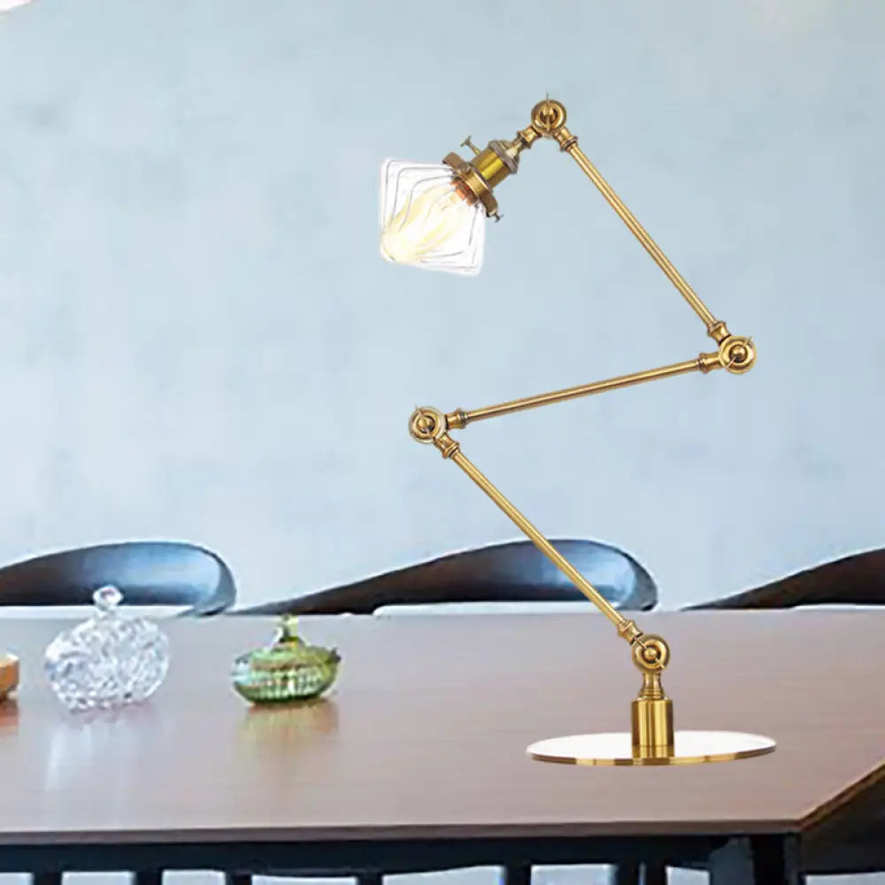 Vintage Diamond Shade Table Lamp: Amber/Clear Glass, Adjustable Arm - Black/Brass
