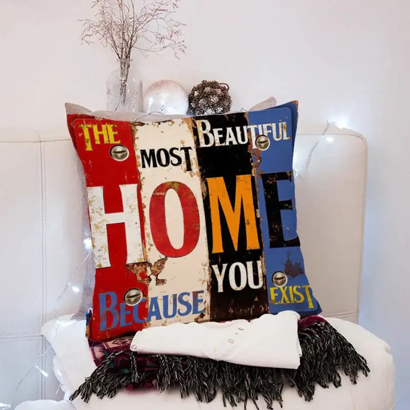 Vintage distressed peach skin 45x45cm throw pillow with colorful bold lettering for living room decorbites 45x45cm peach design
