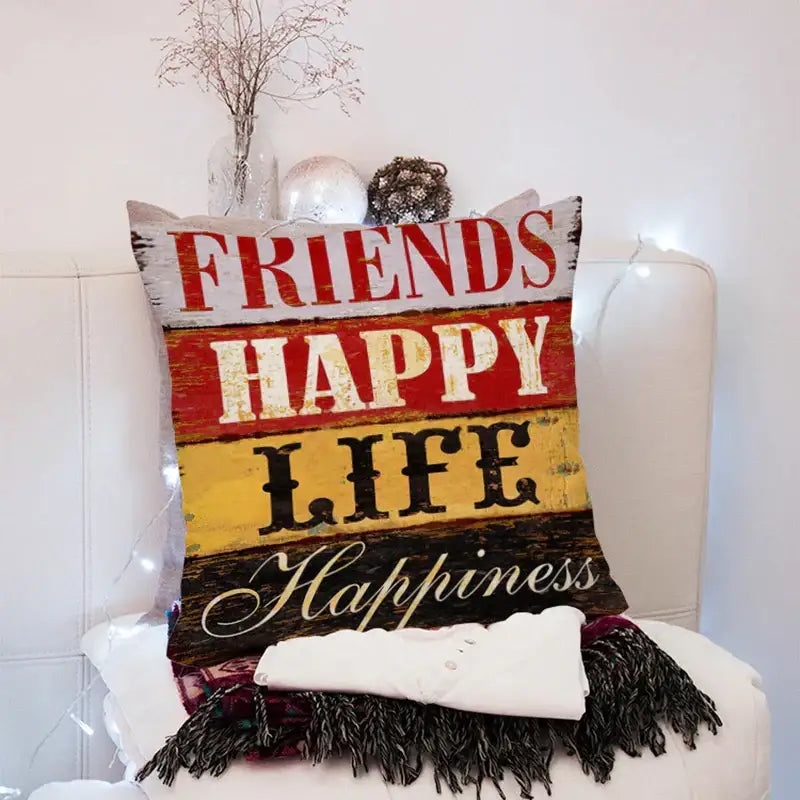 Vintage distressed peach skin 45x45cm throw pillow with rustic wood texture and friends happy life happiness decorbites 45x45cm peach