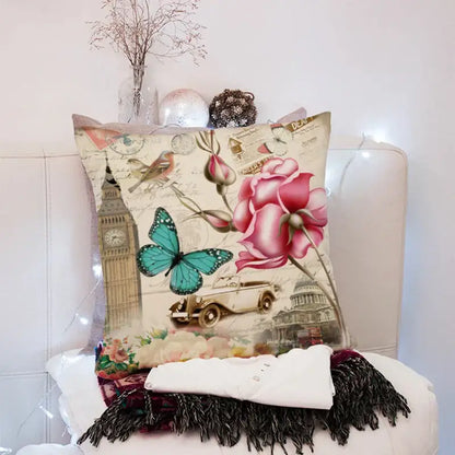 Decorbites 45x45cm peach skin throw pillow with vintage pink roses turquoise butterfly and london landmarks decor