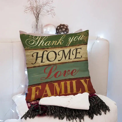 A rustic 45x45cm peach skin throw pillow with distressed wood grain design and thank you home love family text decorbites 45x45cm peach