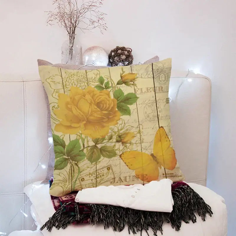Vintage distressed peach skin 45x45cm throw pillow with yellow roses butterflies french text on cream decorbites 45x45cm peach