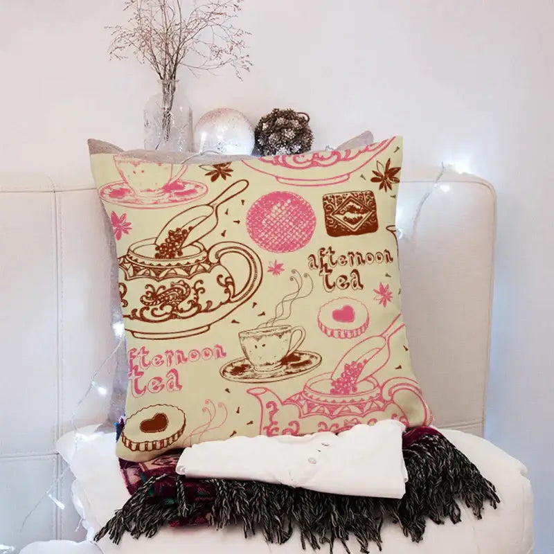 Cream-colored 45x45cm peach skin throw pillow with vintage distressed afternoon tea design for living room decorbites 45x45cm peach