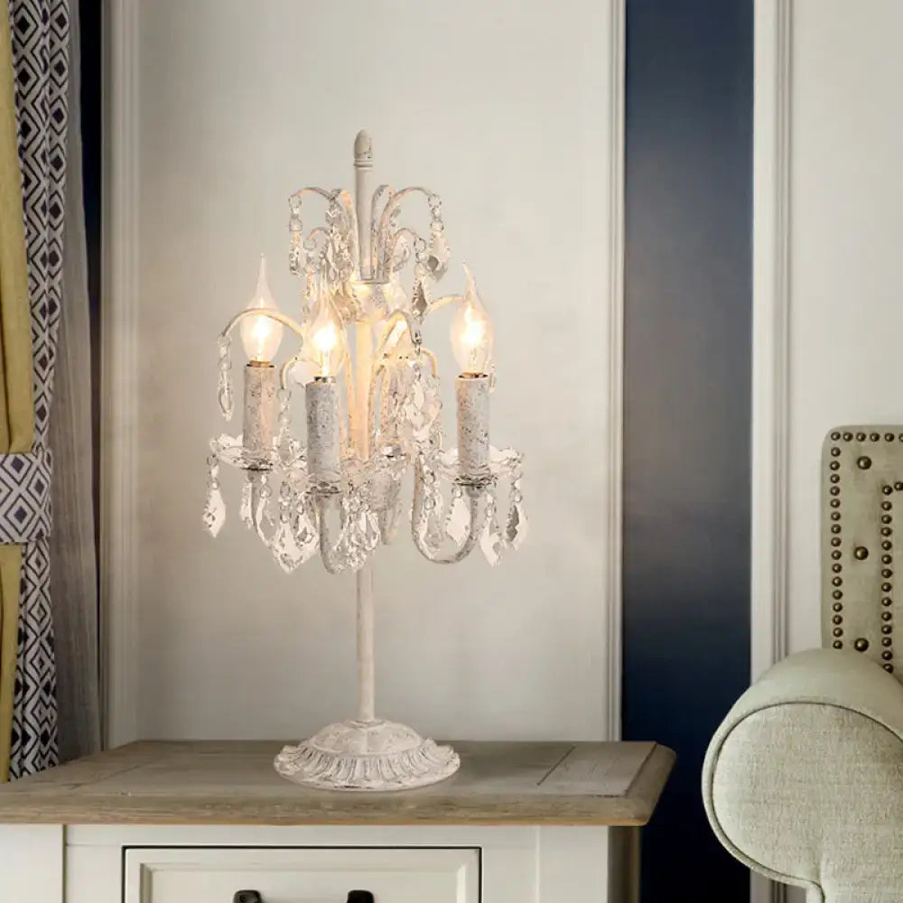 Decorbites™ vintage metallic nightstand lamp in distressed white with hanging crystal accents and led incandescent bulbs