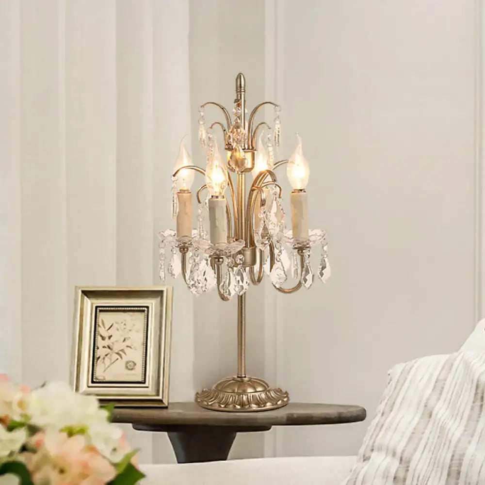 DecorBites™ vintage brass chandelier-style table lamp with hanging crystal and candle-shaped led incandescent bulbs
