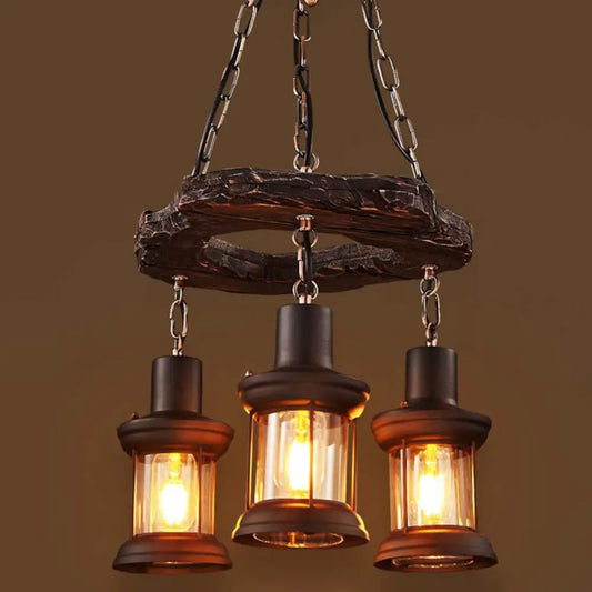 Lámpara colgante tipo farol vintage de madera envejecida con cristal transparente para restaurantes