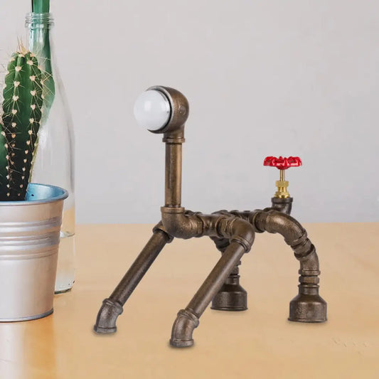 Vintage Dog Robot Small Brass Desk Lamp with Red Valve Deco - Ideal for Bedside