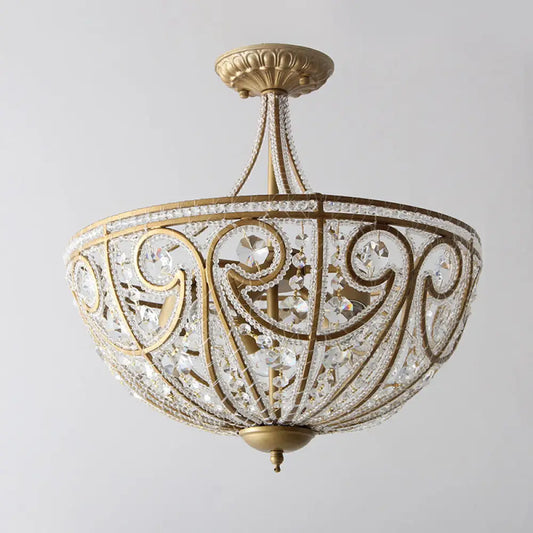 Vintage Dome Crystal Bead Ceiling Light in Gold - Semi Flush, 5 Bulbs, Living Room Fixture