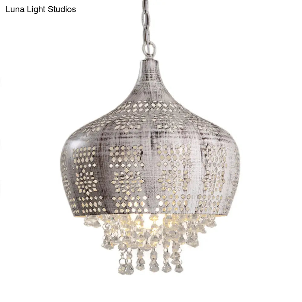 Vintage Dome Pendant Light with Crystal Deco and Pierced Design - Distressed White