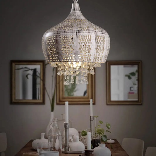 Vintage Dome Pendant Light with Crystal Deco and Pierced Design - Distressed White