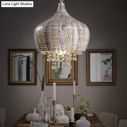 Vintage Dome Pendant Light with Crystal Deco and Pierced Design - Distressed White