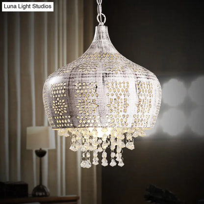 Vintage Dome Pendant Light with Crystal Deco and Pierced Design - Distressed White