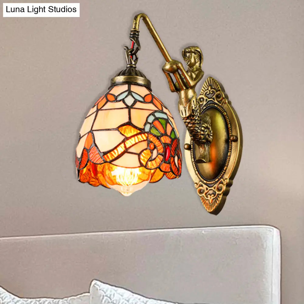Vintage Dome Sconce Light – 5.5" Width Stained Glass Fixture with Mermaid Design - 1 Light