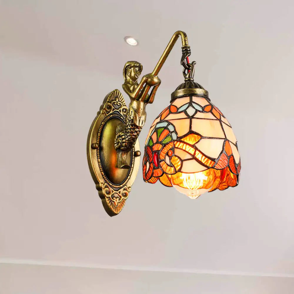 Vintage Dome Sconce Light – 5.5" Width Stained Glass Fixture with Mermaid Design - 1 Light