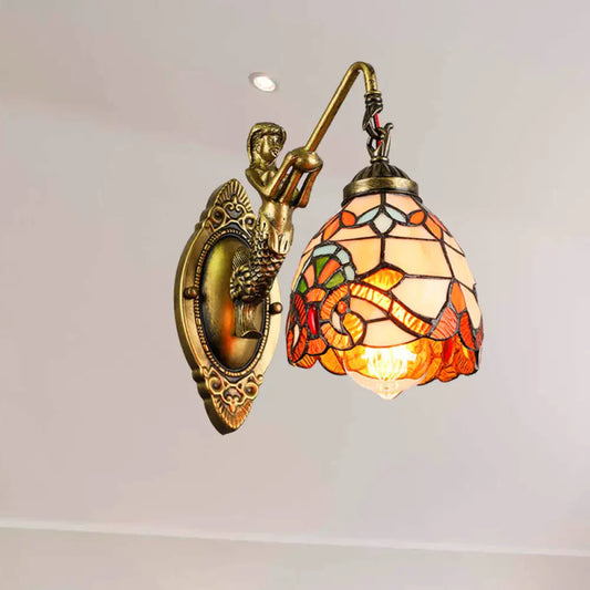 Vintage Dome Sconce Light – 5.5" Width Stained Glass Fixture with Mermaid Design - 1 Light