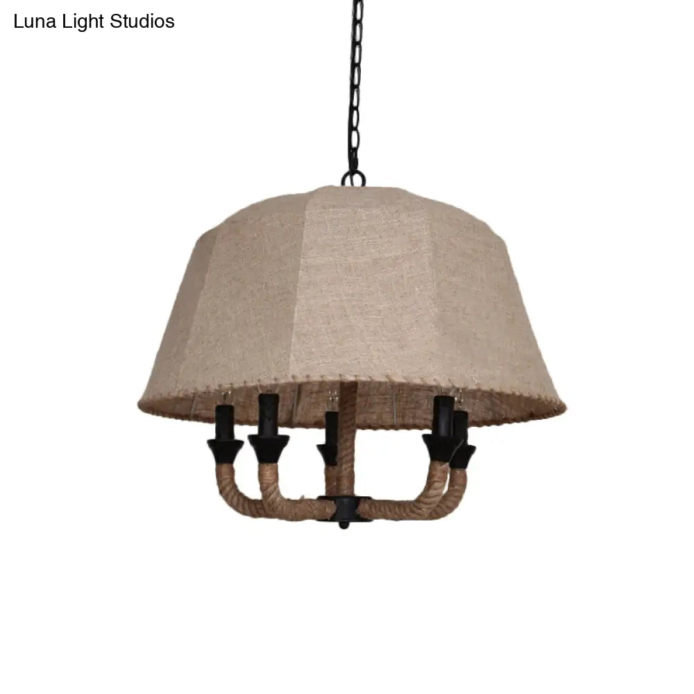 Vintage Domed Chandelier Light with 5 Fabric Suspension Lamps - Brown & Hemp Rope