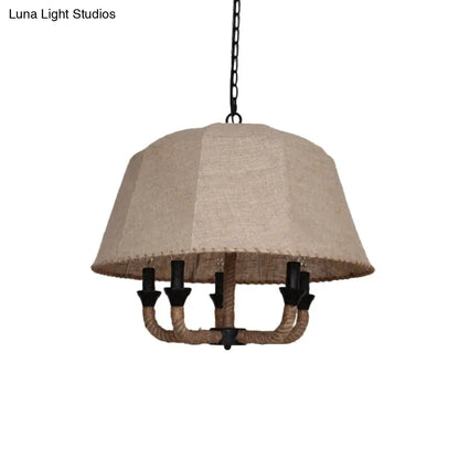 Vintage Domed Chandelier Light with 5 Fabric Suspension Lamps - Brown & Hemp Rope
