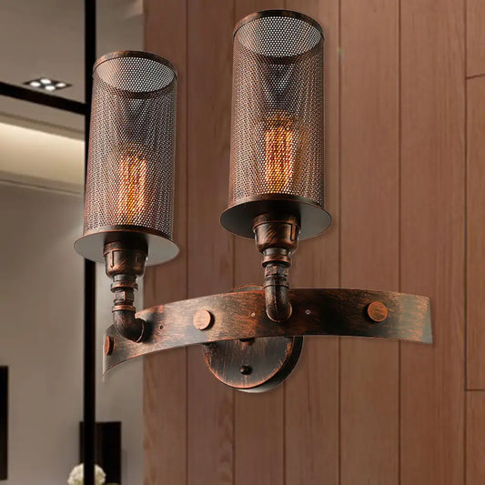 Vintage Double Cylinder Wall Light with Mesh Shade in Weathered Copper - Wrought Iron Wall Mount Lamp with 2 Lights