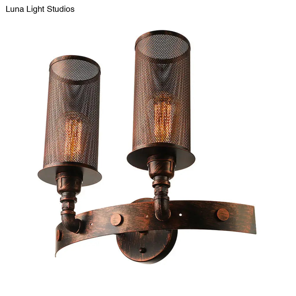 Vintage Double Cylinder Wall Light with Mesh Shade in Weathered Copper - Wrought Iron Wall Mount Lamp with 2 Lights