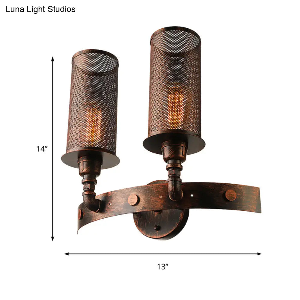 Vintage Double Cylinder Wall Light with Mesh Shade in Weathered Copper - Wrought Iron Wall Mount Lamp with 2 Lights