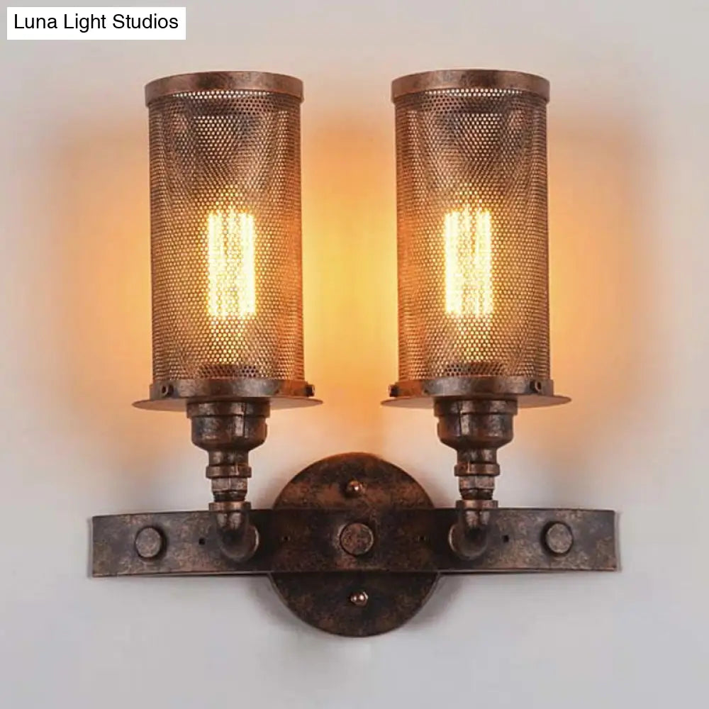 Vintage Double Cylinder Wall Light with Mesh Shade in Weathered Copper - Wrought Iron Wall Mount Lamp with 2 Lights