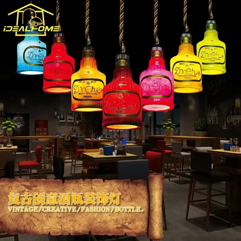 Colorful vintage dreher glass bottle pendant lights in blue red yellow and pink enhance kitchen island decor atmosphere glass pendant