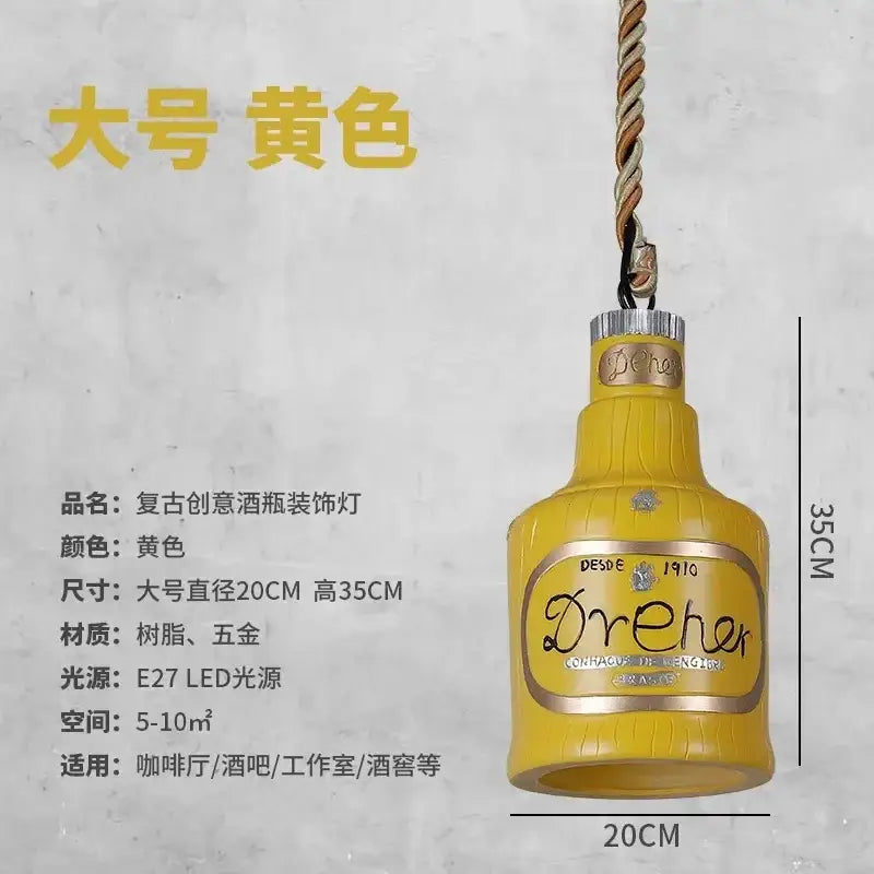 Yellow vintage-style pendant lights made of resin and metal resembling dreher glass bottle for kitchen island decor