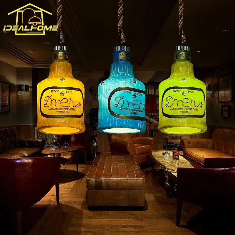 Three colorful vintage dreher glass bottle pendant lights with yellow blue and green glass for kitchen island decorbites atmosphere glass pendant