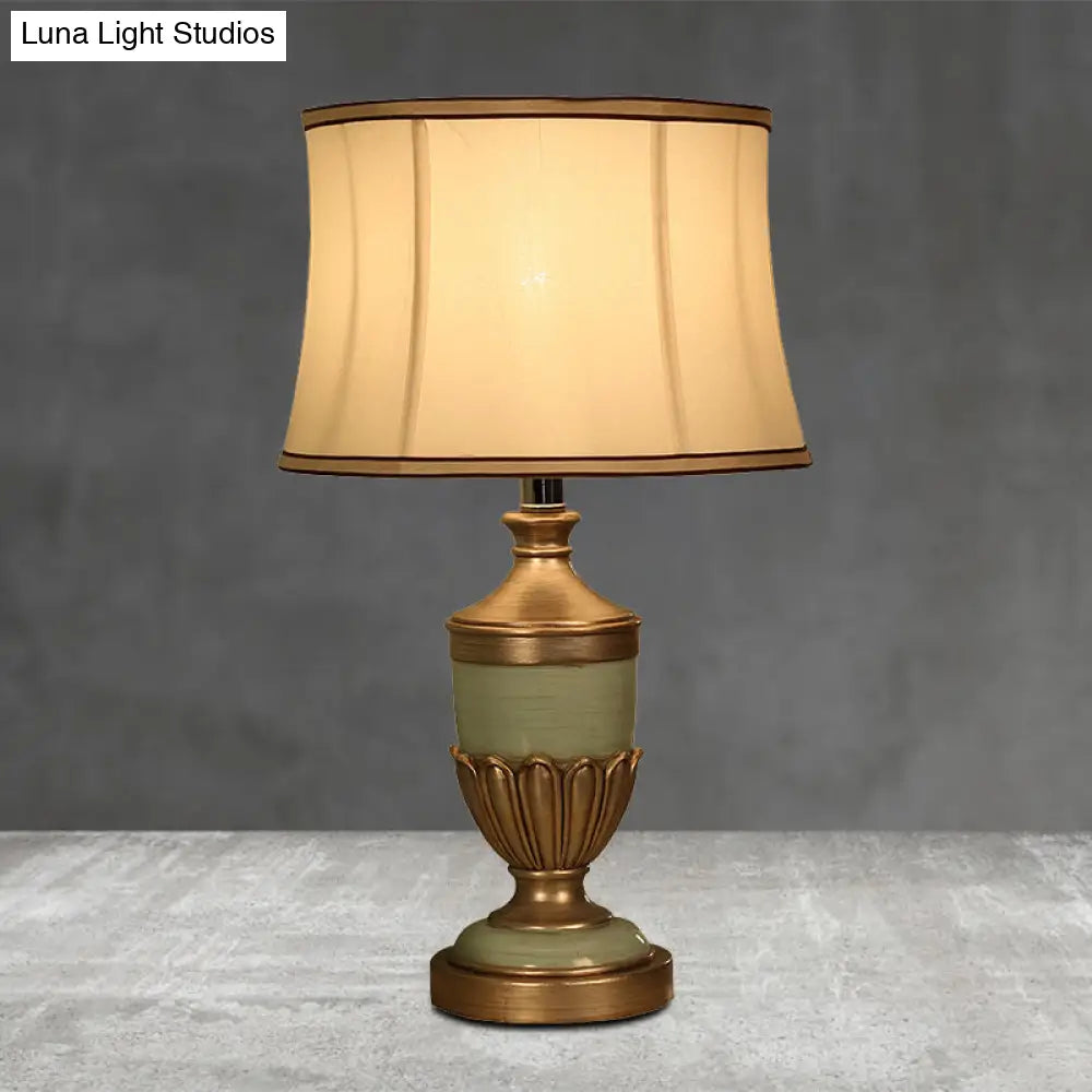 Vintage Drum Desk Lamp with Fabric Night Table Lighting - 1 Head, Black/Brown/Green Pot Base