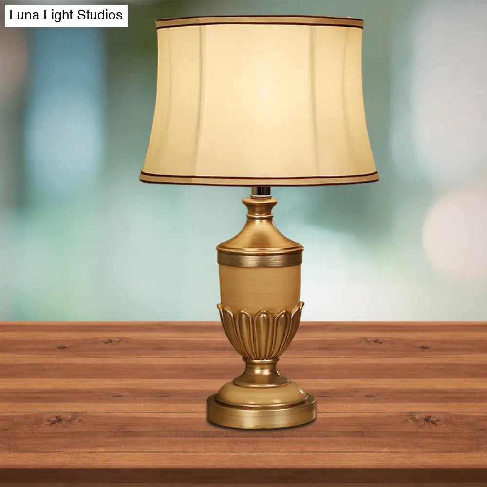 Vintage Drum Desk Lamp with Fabric Night Table Lighting - 1 Head, Black/Brown/Green Pot Base