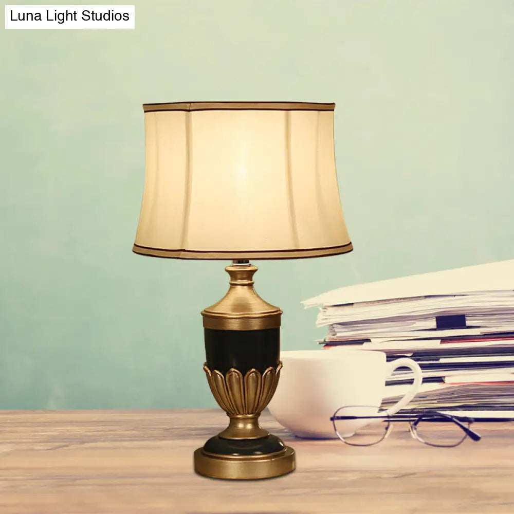Vintage Drum Desk Lamp with Fabric Night Table Lighting - 1 Head, Black/Brown/Green Pot Base