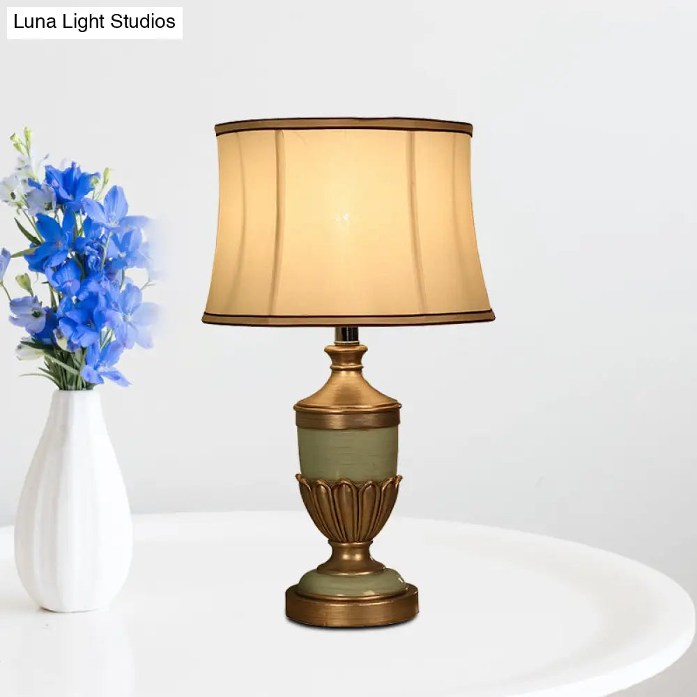 Vintage Drum Desk Lamp with Fabric Night Table Lighting - 1 Head, Black/Brown/Green Pot Base